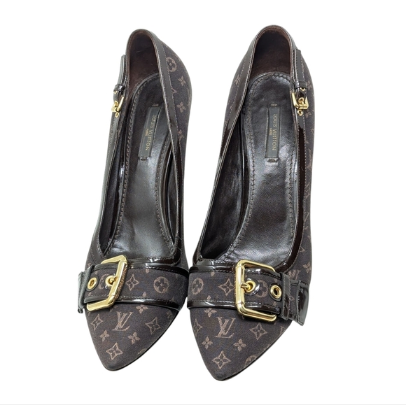 FLAWED READ Louis Vuitton Brown Mini Lin Signature Monogram Pumps 39.5 - Picture 2 of 16
